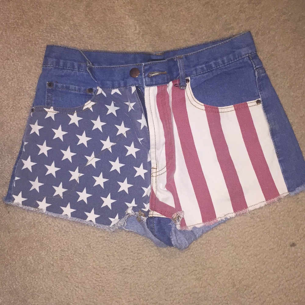 Forever 21 American Flag Denim High-Waist Shorts - Blue, White, Red